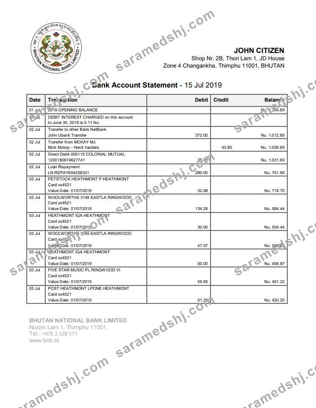 Bhutan National Bank statement